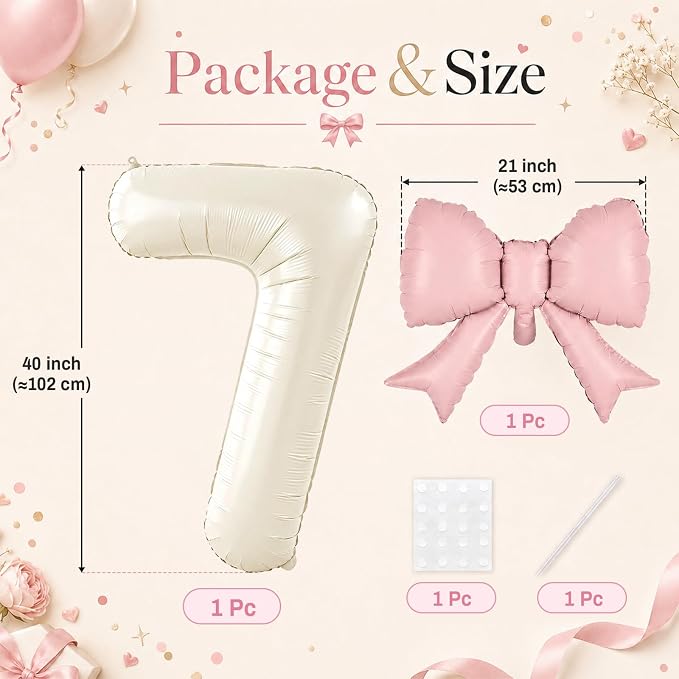 40 Inch Cream Number 7 with Pink Bow Balloons, Giant Self Inflating Beige Cream - Image 2