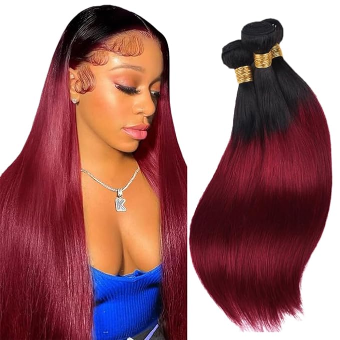 Burgundy Human Hair Bundles Ombre Straight Bundles 22 24 26 Inch Niegmeag Virgin Remy Hair Extensions 2 Tone Black and Red Straight Bundle 1B99J Color 150g
