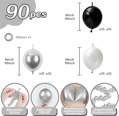 Black White and Silver Linking Balloons, Metallic Silver Quick Linked - Image 2