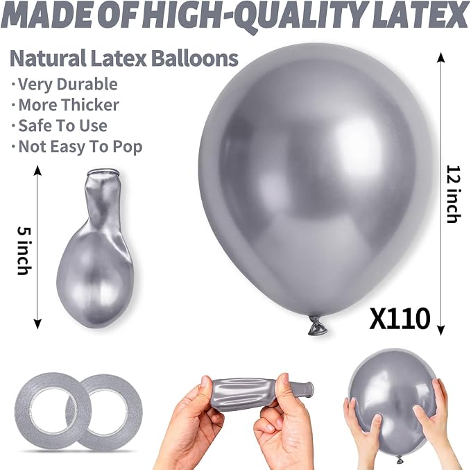 110pcs Metallic silver Balloons, Metallic silver Latex Balloons 12 inch - Image 3