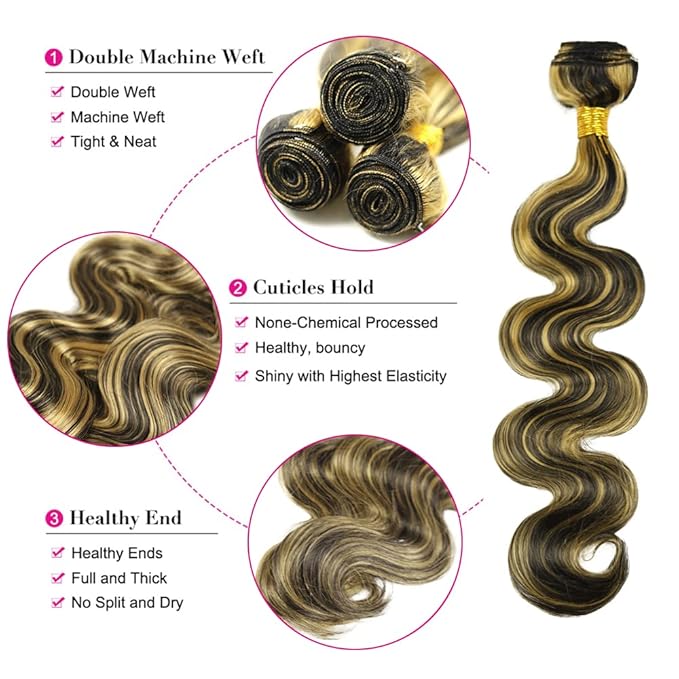 Honey Blonde Bundles Human Hair Highlight Body Wave Bundles Niegmeag Brazilian Virgin Remy Hair Single Bundle 12 Inch 2 Tone Black and Blonde Body Wave Bundle