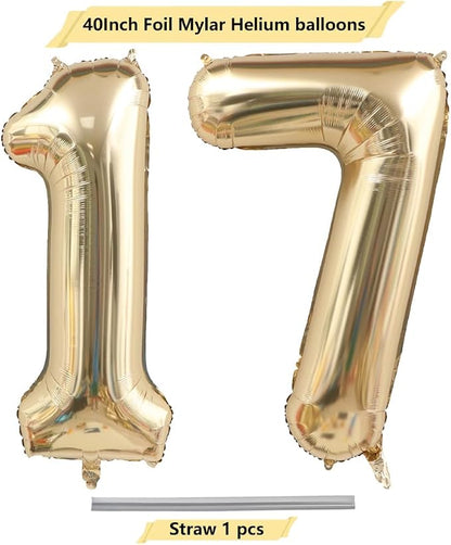 Light Gold 17 Number Balloons 40 Inch Giant Champagne Gold Birthday Numbers | - Image 4