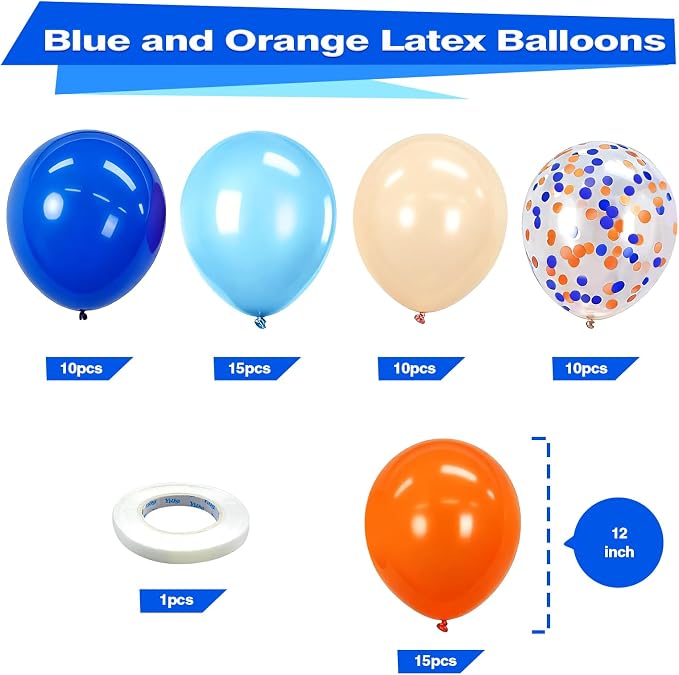 Bezente Blue and Orange Party Latex Balloons Kit 60pcs 12-in - Image 2