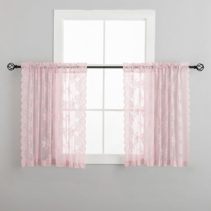 Kotile Short Pink Lace Curtains Rustic Floral W42 x L45 Inch, 2 Panels | Rod - Image 7
