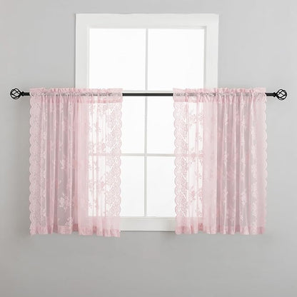 Kotile Short Pink Lace Curtains Rustic Floral W42 x L45 Inch, 2 Panels | Rod - Image 7
