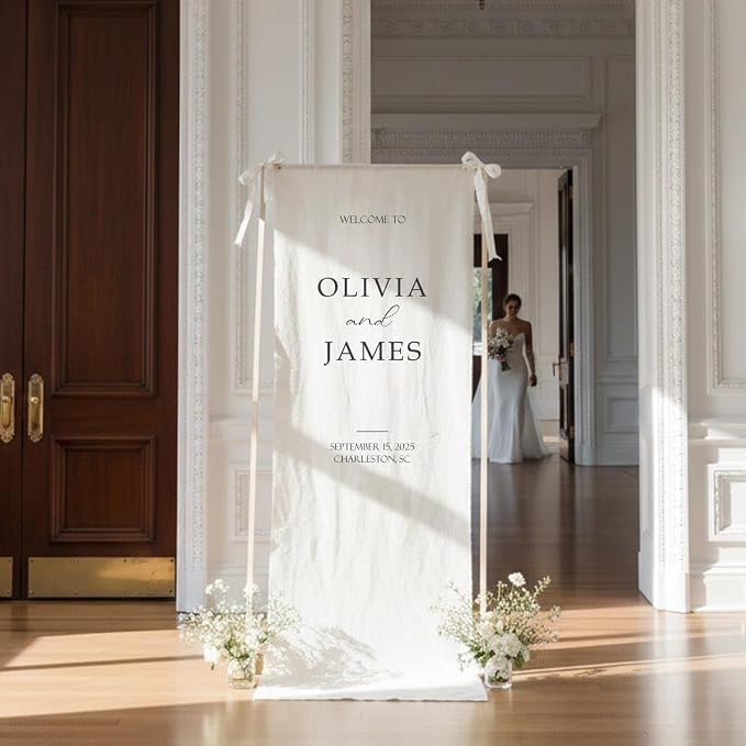 Wedding Welcome Sign Banner Personalized Custom Name Linen Fabric Wedding - Image 2