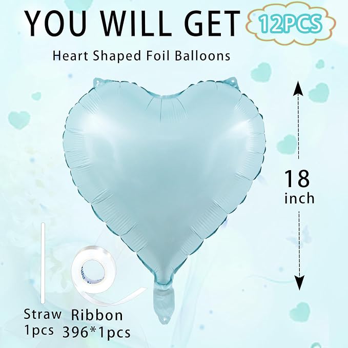 Blue Heart Ballloons, 18 Inch Pastel Blue Foil Love Heart Shaped Balloons 12Pcs - Image 3
