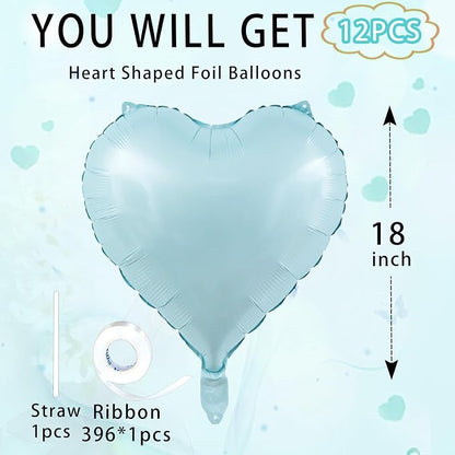 Blue Heart Ballloons, 18 Inch Pastel Blue Foil Love Heart Shaped Balloons 12Pcs - Image 3