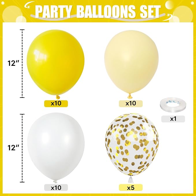 Yellow and White Balloons, 12Inch Pastel Yellow White Gold Confetti Balloons - Image 2