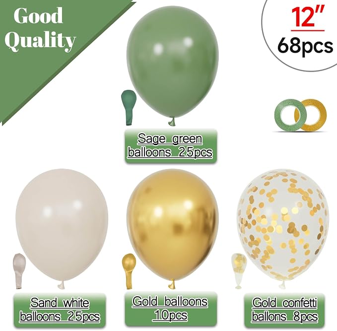 68Pcs Balloons Kit 12 Inch, Sage Green Balloon Sand White Metallic Gold Balloon - Image 2