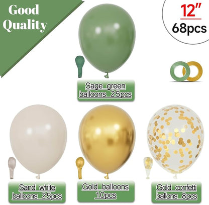 68Pcs Balloons Kit 12 Inch, Sage Green Balloon Sand White Metallic Gold Balloon - Image 2