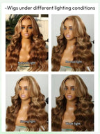 KLAIYI Bye Bye Knots Glueless Wig Highlight Blonde Body Wave Pre Cut 7x5 HD Lace Front Wigs Human Hair Pre Plucked Pre Bleached Pre Everything Wear and Go Wig 12A Ombre Brown 30S Ready To Wear 14Inch
