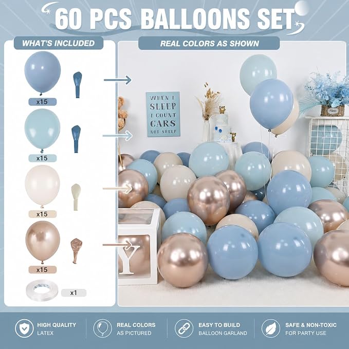 HILAVO Dusty Blue and Gold Balloons - Image 2