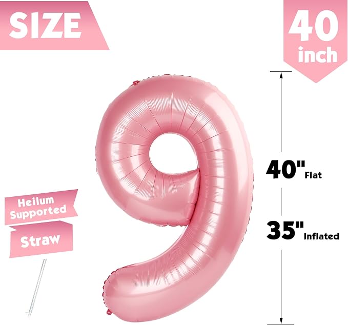 40 Inch Pastel Pink Number 9 Balloon, 9th Birthday Party Decorations | 40 Inch - Image 5