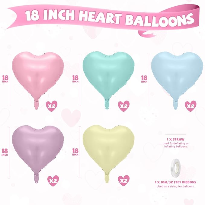 Pastel Heart Balloons, 18 Inch Pastel Pink Purple Teal Blue Yellow Foil - Image 2