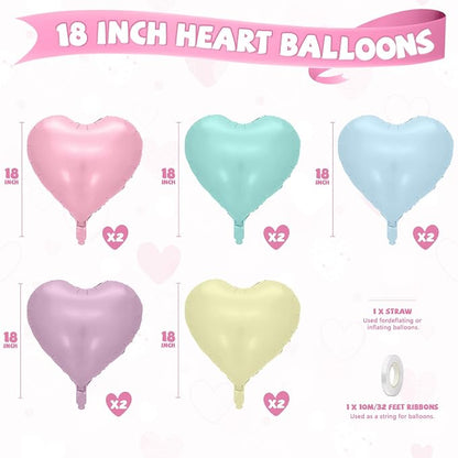Pastel Heart Balloons, 18 Inch Pastel Pink Purple Teal Blue Yellow Foil - Image 2