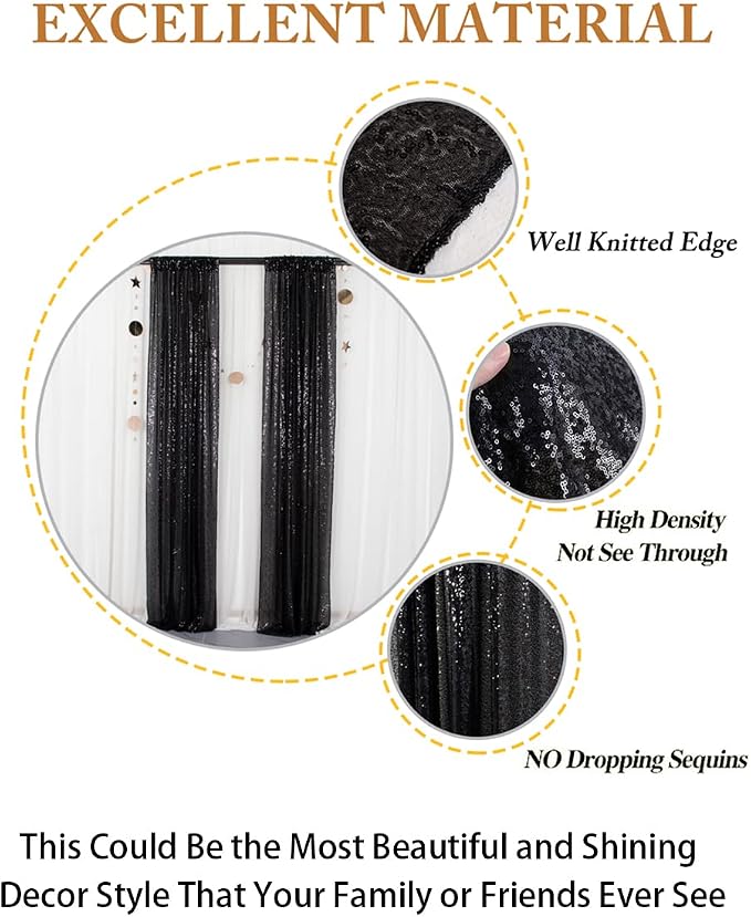 ShinyBeauty Sequin Curtains 2 Panels Black 2FTx8FT Sequin Photo Backdrop Black - Image 5