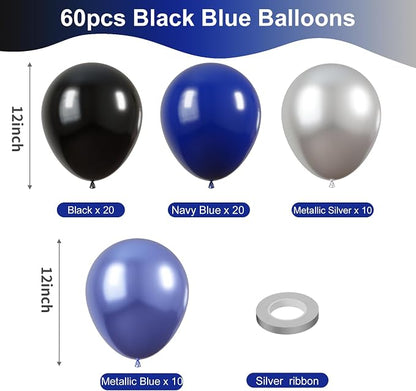 KBZVNAF Black Blue Silver Latex Balloons 60 Pack 12 inch | Royal Blue Black - Image 2