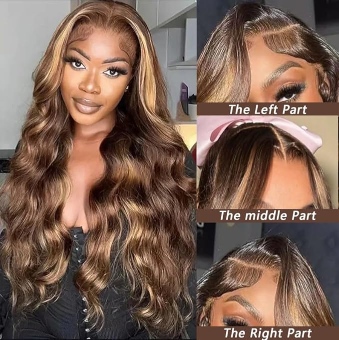 34 Inch Ombre Highlight Wig 220 Density 13x6 HD Lace Front Wigs Human Hair Body Wave Wig Honey Blonde Lace Front Wig Pre Plucked P4/27 Colored for Women Human Hair Wig