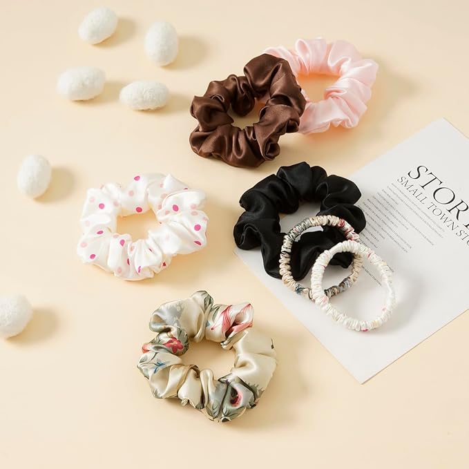 19Momme Silk Scrunchie Thick Hair Ties for Curly Hair, No Slip Hair Bands for Women, Vintage Satin Hair Accessories (Hair tie Mixed PACK)