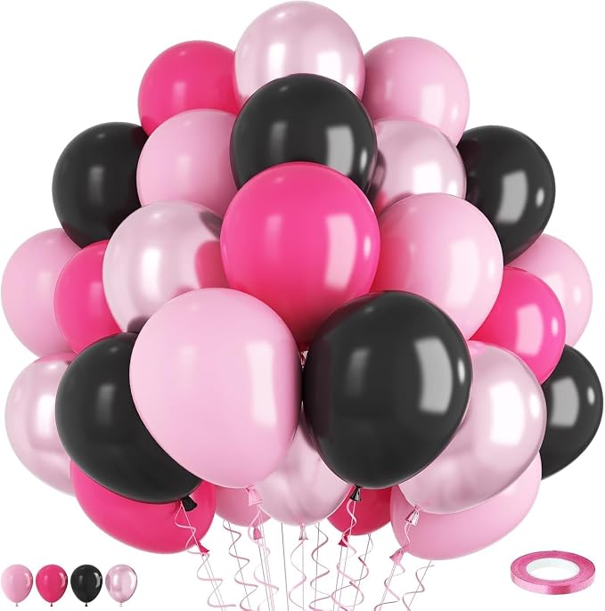 Pink and Black Balloons, 12Inch Pastel Light Rosa and Metallic Latex Balloons by TAOYE