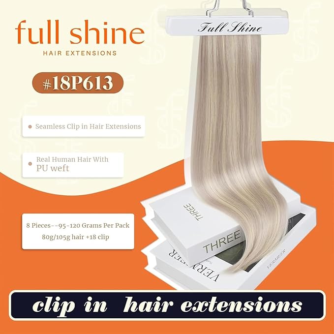 Full Shine Blonde Clip in Hair Extensions Highlights Human Hair Clip ins Ash Blonde Mix Bleach Blonde PU Clip in Hair Extensions Remy Hair 12 Inch 8 PCS 80 G