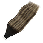 YoungSee Tape in Hair Extensions Real Human Hair Balayage Tape in Hair Extensions Black Ombre Brown with Blonde Tape in Extension Remy Hair Short 12In 20pcs 30g for Adding Volume
