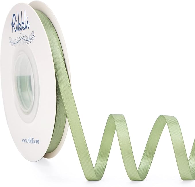 Ribbli Dusty Sage Satin Ribbon Double Faced Satin 1/4 Inch x Continuous 25 by Ribbli