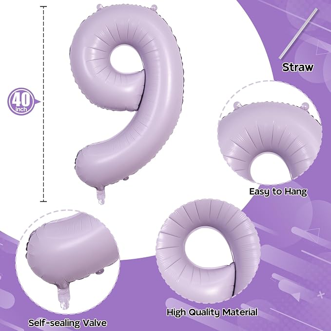 Dusty Pastel Purple Number 9 Balloons, 40 Inch Large Light Purple Foil Number - Image 2