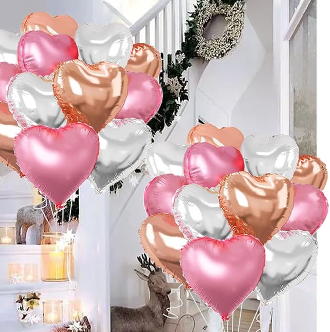 Rose Gold & Silver Heart Balloons，18 Inch Light Pink Foil Love Heart Shaped - Image 3