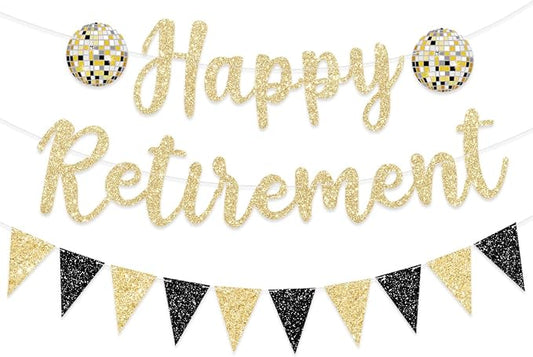 Pre Strung Happy Retirement Banner Party Decorations Gold Black Glitter Sign by FHGG