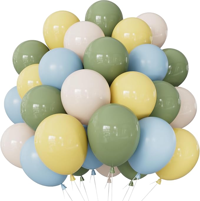 Sage Green Blue Yellow Balloons, Pastel Yellow Balloons, Sand White Balloons by Adeyoo