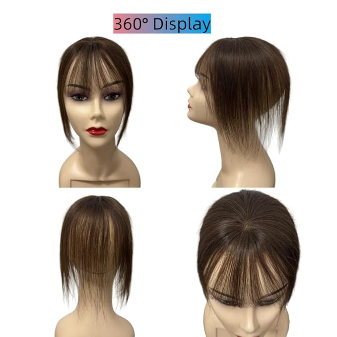 Anemone No Clips Human Hair Topper Piece Fringe Bangs for Women Wrap-Around Magic Paste with Invisible Lace for Natural Hair Loss Coverage (Dark Brown Lace French Bangs)