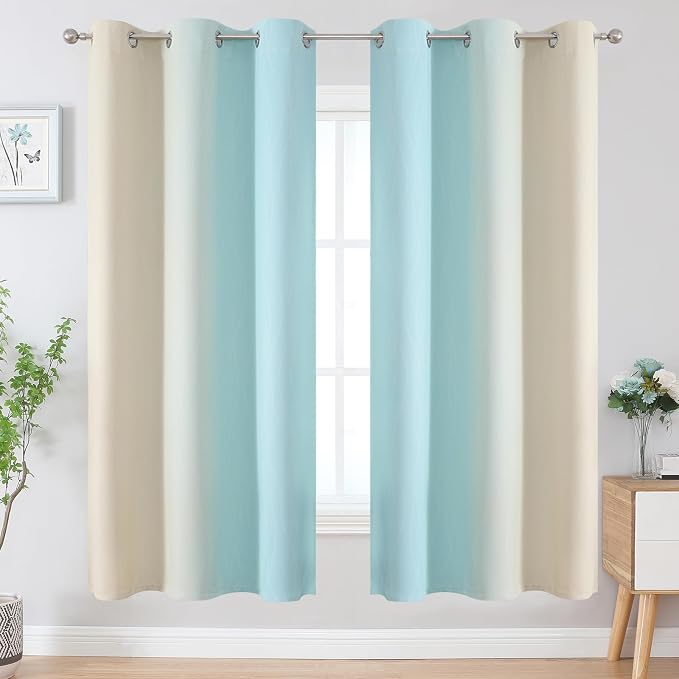 Aqua and Beige Ombre Blackout Curtains 72 Inches Length - Image 2