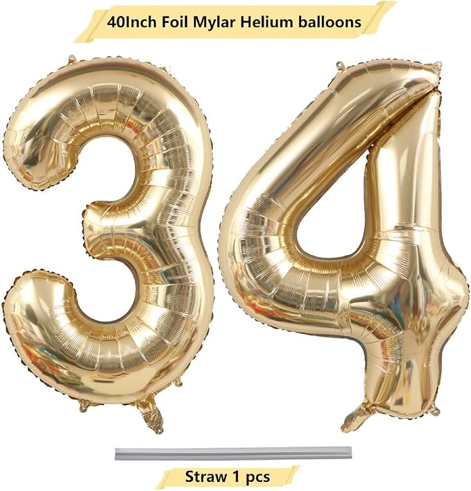 Light Gold Number 34 Balloon 40in White Gold 34 Foil Mylar Digital Balloon | - Image 4