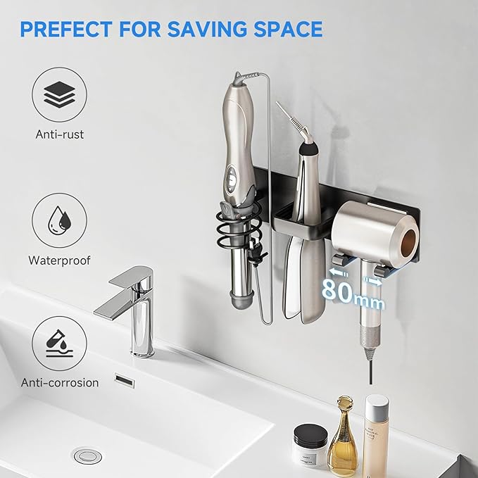 Hair Dryer Holder Wall Mounted,Blow Dryer, Curling Iron, Straightener Holder 3 in 1 Bathroom Metal Hair Tool Organizer Rack-BLACK-2