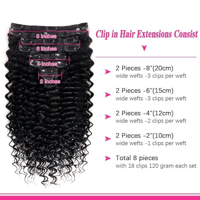 Deep Wave Clip in Hair Extensions Real Human Hair Brazilian Virgin Human Hair Clip in Extensions for Women 8Pcs Remy Hair with 18Clips 120g 20inch Natural Black