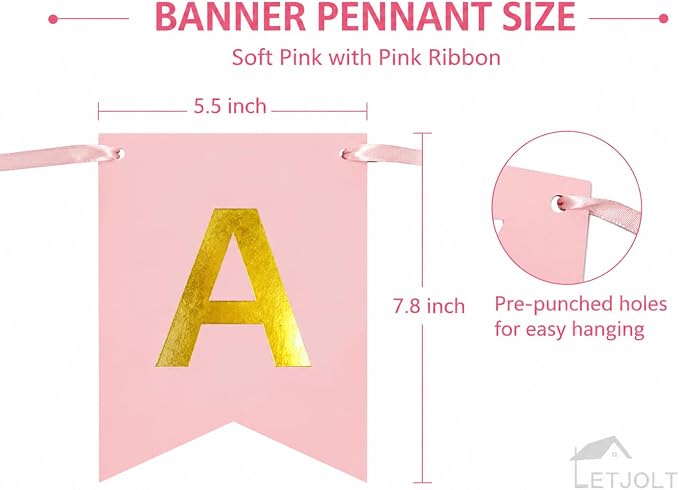Letjolt Pink Happy Birthday Banner Girls Party Signs 13 Pcs | Golden Sparkle - Image 6