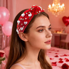 Valentines Day Red Pearl Headband for Women, Wide Rhinestone beaded Headbands Non Slip Knotted Fashion Hair Accessories for Christmas Valentines New Year Gifts