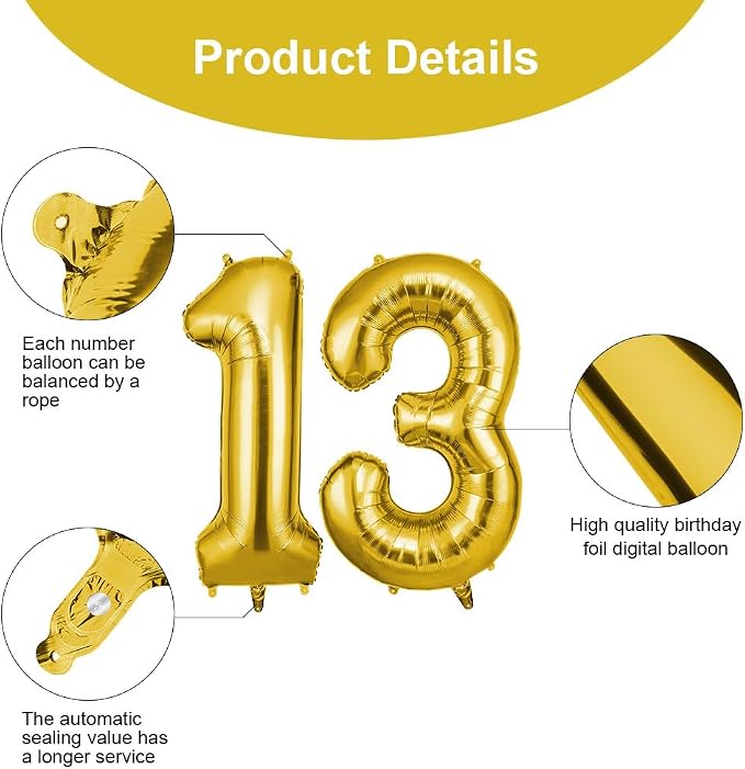 OFFCUP Helium Balloons, 40 Inches Number Balloons 13, Foil Balloons Birthday - Image 3