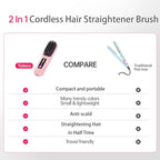 Cordless Hair Straightener Brush for Travel, 200 Million Negative Ionic Portable Hair Straightener Comb for Women with LED Display & 3 Temps, 30s Fast Heating USB Charging Smooth Frizz(Pink