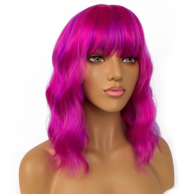 Short Bob Wigs with Bangs for Women Loose Wavy Wig Curly Wavy Shoulder Length Bob Synthetic Cosplay Wig for Girl Colorful Costume Wigs (Rose mixed Purple)