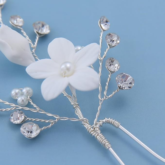 Flower Bridal Hair Pins Pearl Bride Wedding Hair Pieces Leaf U Shaped Hair Accessories Headpiece for Wedding Brides Women Girls（6 PCS） (Silver/Rhinestone White Flower)