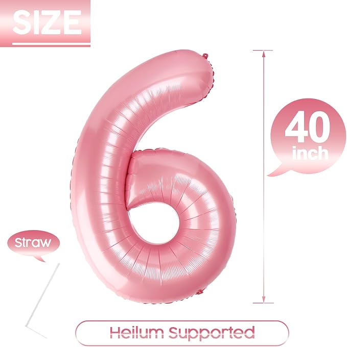6 Balloon - Pastel Pink Birthday Number Balloons, 40 Inch Decorations | Pastel - Image 5