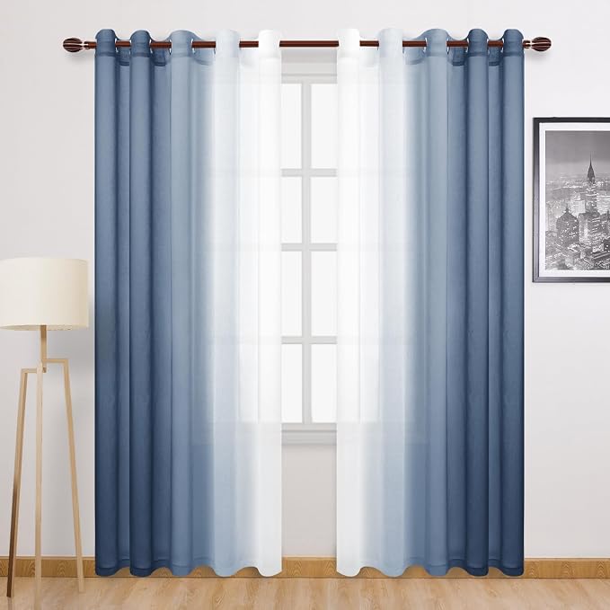 DWCN Blue Ombre Faux Linen Sheer Curtains by DWCN