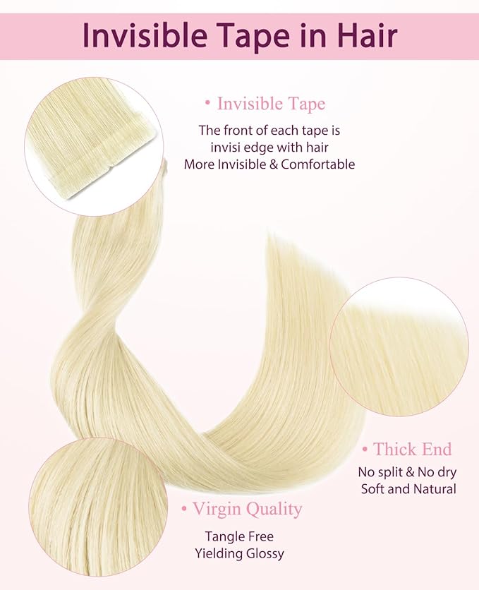 Pinkpearl Invisible Tape in Hair Extensions Human Hair, 20pcs 20inch 55g #60 Platinum Blonde Injection Tape in Extensions Real Remy Straight Seamless Silky Human Hair Injected