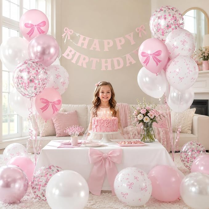 Pink Bow Balloons, Bow Printed Balloon Metallic Confetti Balloon - Image 3