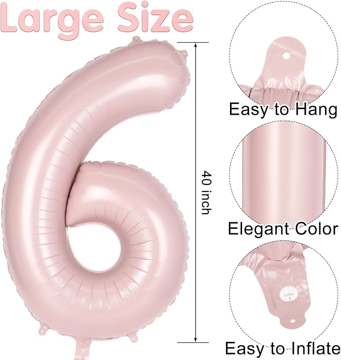 Light Pink Number 6 Balloon, 40 Inch Giant Mylar Number Balloons, Large Foil - Image 2