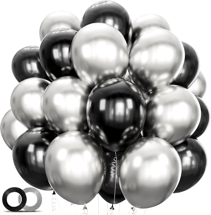 100pcs Black and Silver Balloons 12 Inch Metallic Silver and Black latex Party by ASIYUHY