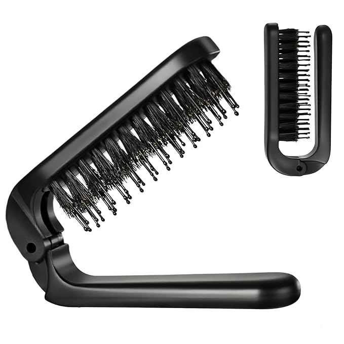 Folding Travel Hair Brush - Mini Boar Bristle Hairbrush Women, Men & Kids, Portable Pocket Purse Brush for Thick Thin Wet Dry Hair Restore Shine, Black